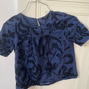 Blue and Black Embroidered Top